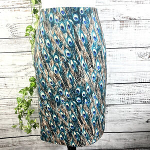 Talbots Skirt size 4 Teal Blue Peacock Bird Feathers Pencil Stretch Knee Career